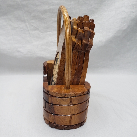 Carved Wood Hawaii Pineapple Coasters and Holder - Picture 3 of 8